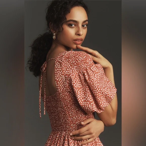 ✨ Anthropologie Puff-Sleeve Smocked Poplin Midi Dress Sz SP - Picture 2 of 6